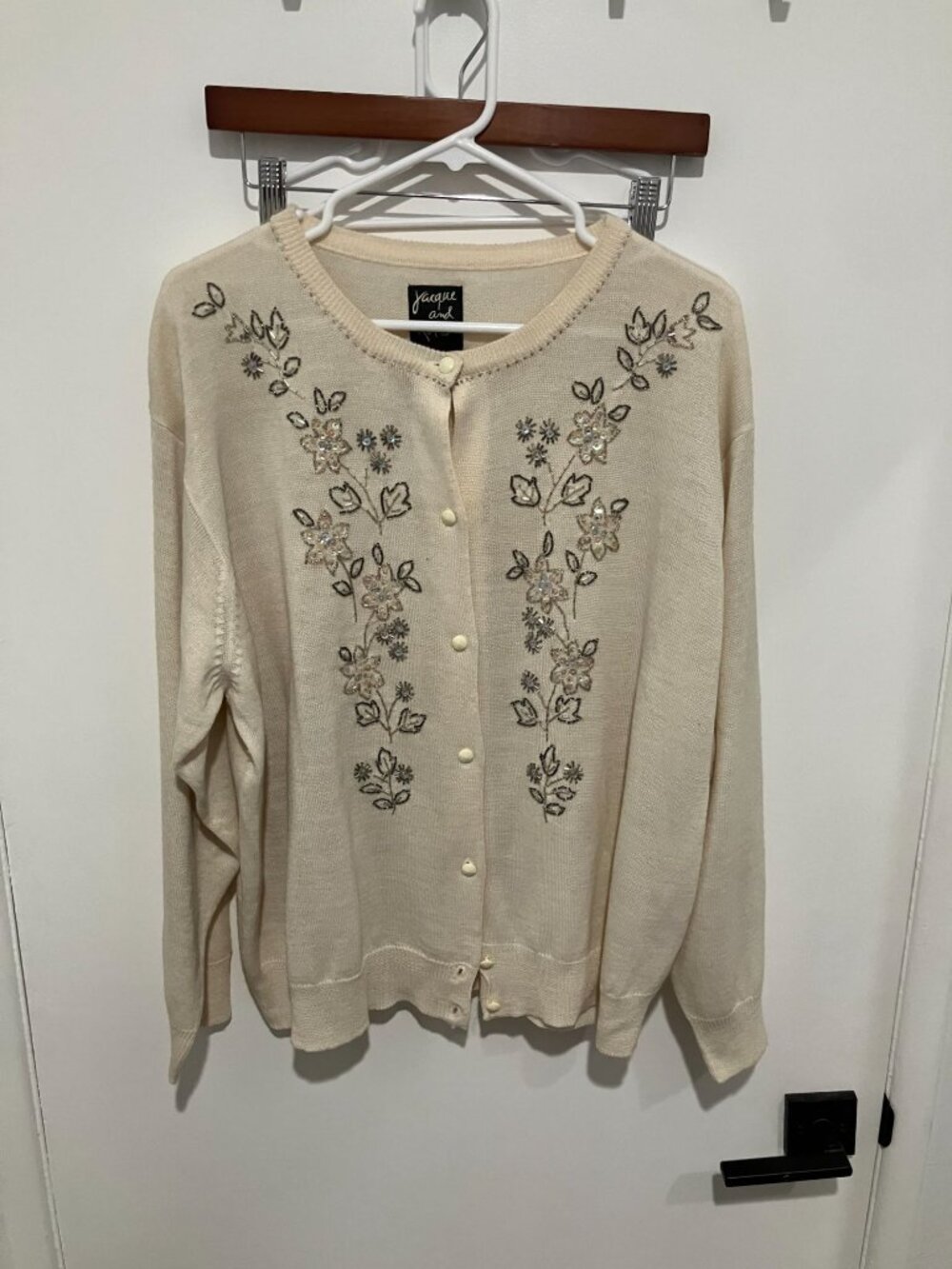 VTG Jacque and Koko Women's Beaded Grandma Cardigan, Cream, Size 18/20